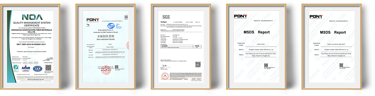 Collection de certifications pour les matériaux en caoutchouc de silicone liquide